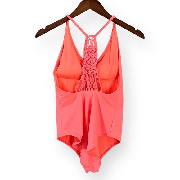 Aerie One Piece Crochet Back Swimsuit Womens Size M Coral Pink Braided Straps - Picture 6 of 9